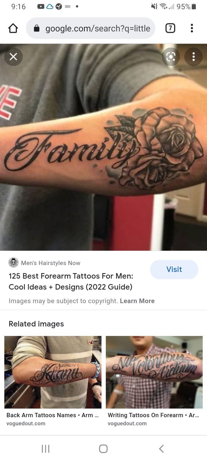 an instagram page with tattoos on the left arm and in the middle one is a rose