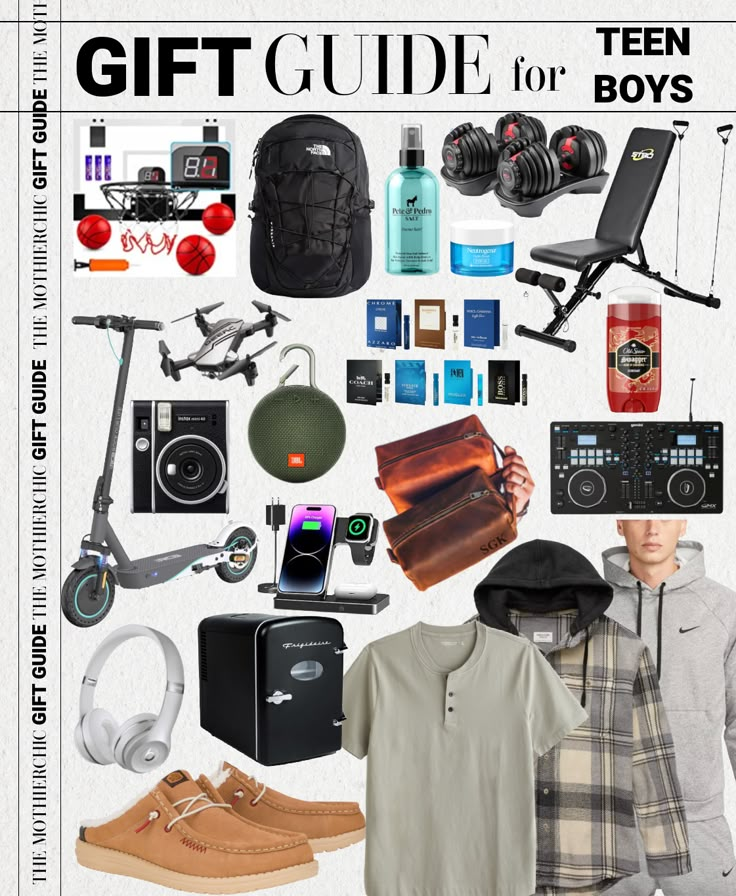 a man is standing in front of a gift guide for boys with various items on it