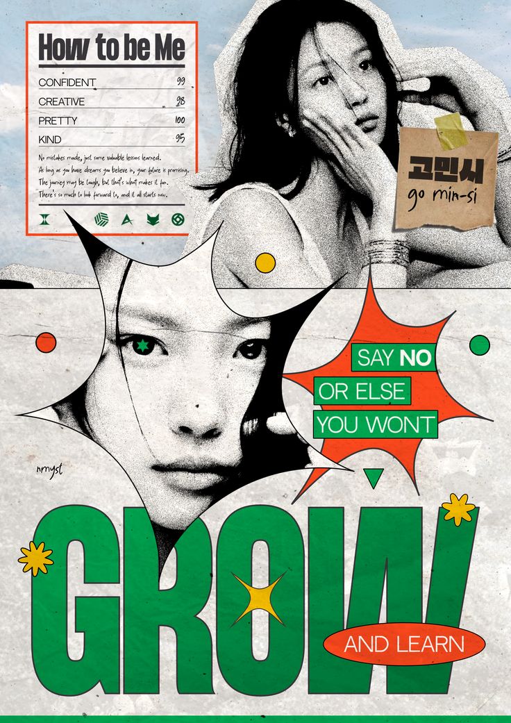 an advertisement for grow and learn, with two women in the back ground looking at each other