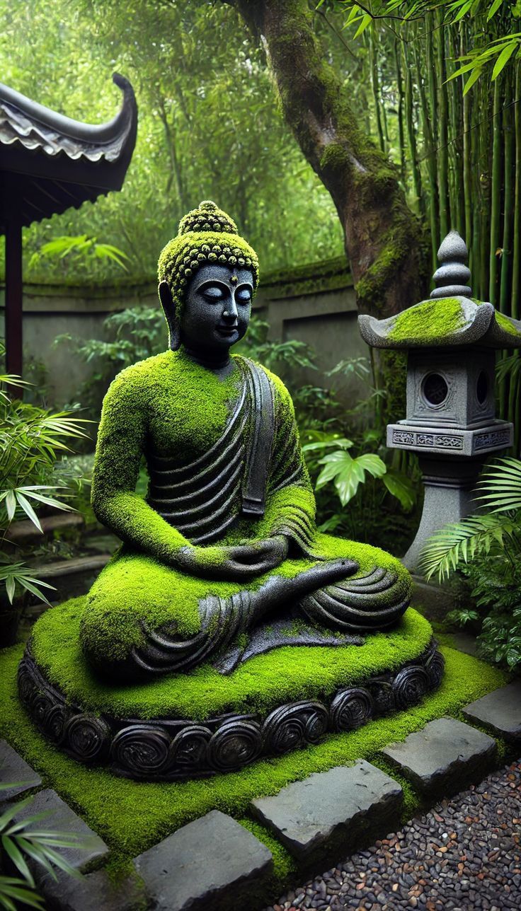 a buddha statue sitting in the middle of a lush green area with trees and bushes