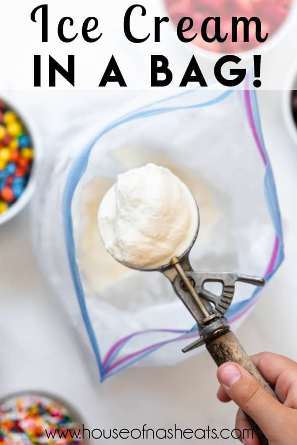 ice cream in a bag being held by a hand with the words how to make an ice cream in a bag