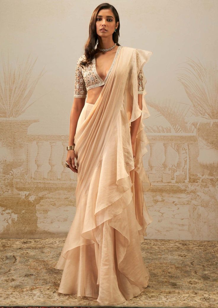 Ridhi Mehra-Sneh Beige Ruffle Sari And Blouse-INDIASPOPUP.COM Modern Saree Party Wear, Saree For Mom, Modern Indian Outfits, Saree Styles Modern, Roka Outfits, Simple Sari, Pre Draped Saree, Saree Gowns, Sari Lehenga