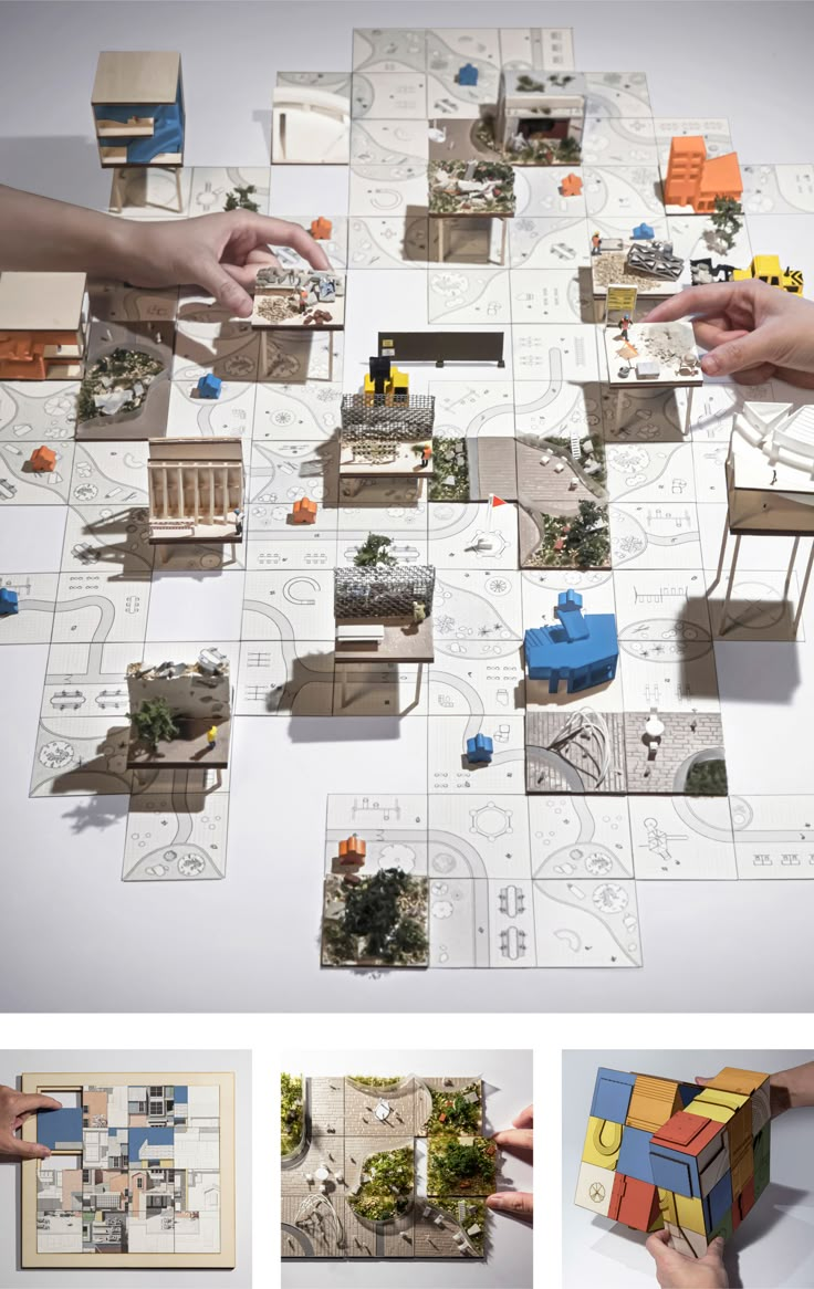 several different pictures of people playing with blocks and building them on the floor, including two hands reaching for each other's hand