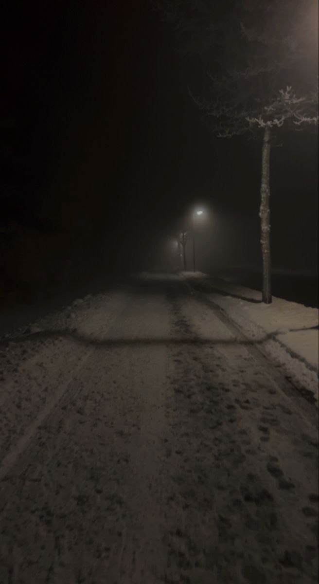 a dark street with snow on the ground and two trees in the distance at night