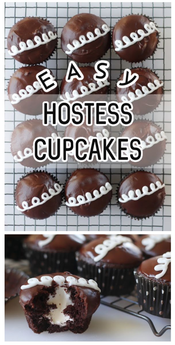 chocolate cupcakes with white frosting and the words easy hostess cupcakes