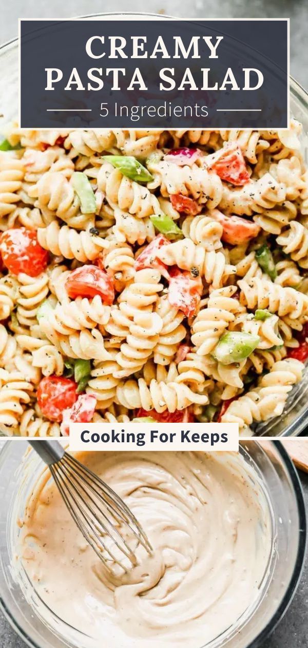 creamy pasta salad in a glass bowl with a fork