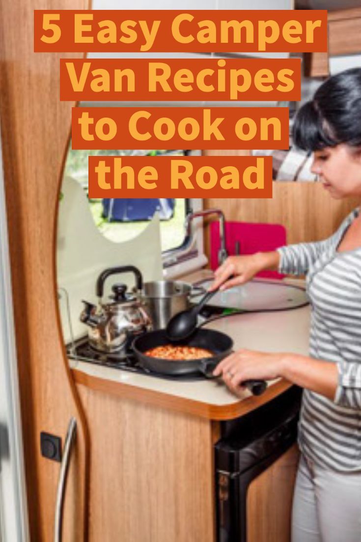 a woman cooking food on top of a stove next to an oven with the words 5 easy camper van recipes to cook on the road