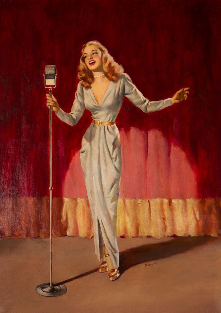 a painting of a woman holding a microphone in front of a red curtain with her arms outstretched