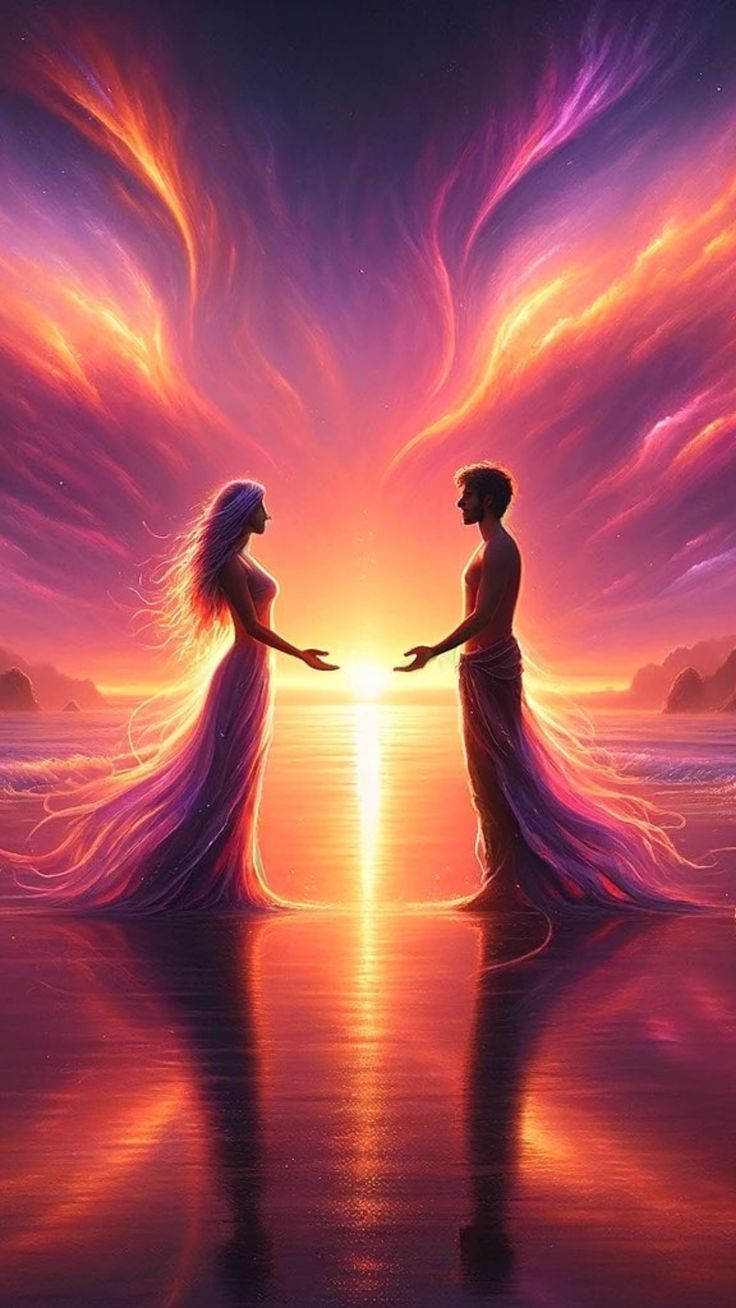 two women standing in the water with their arms around each other as they look at an angel