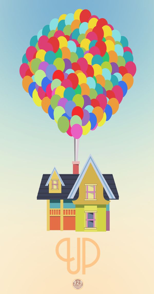 a house on top of a bunch of balloons with the word up written below it