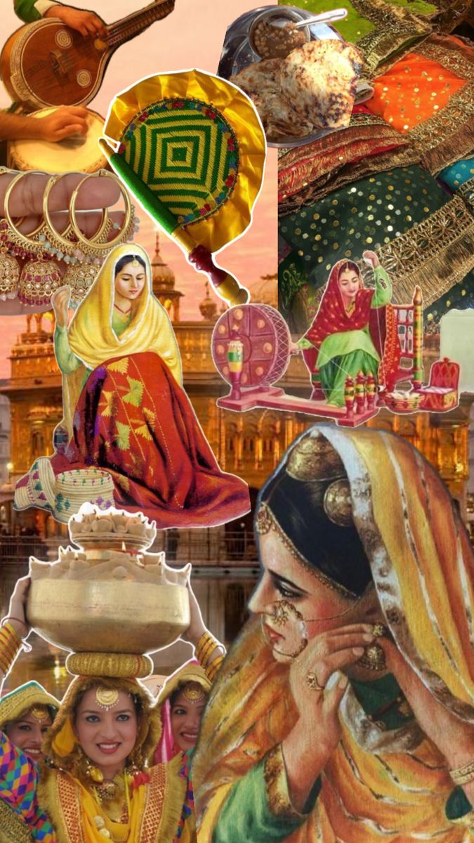 the collage shows many different items and people in colorful clothing, including hats, scarves