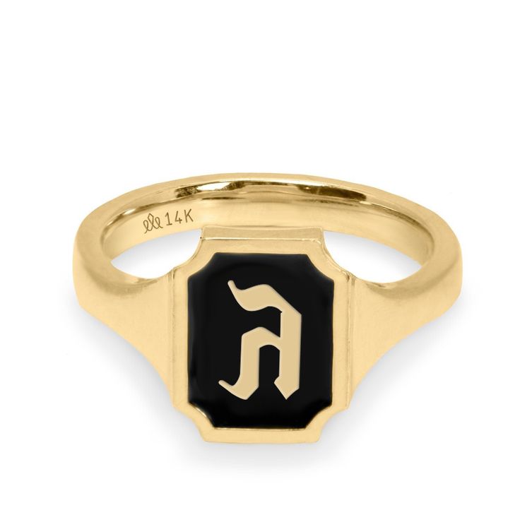 The perfect gift for yourself or loved ones, the Tom ring captivates the eye with its gleaming rich black enamel with a Hebrew letter of your choosing. Our contemporary collection of the Hebrew alphabet, handcrafted by our Hotcrown team, is inspired by the blend of ancient and modern Jewish culture. This harmonious collection represents perpetuity, refinement, empowerment, and originality. Any gold Hebrew letter stuns on your finger effortlessly catching the light. All features can be customized! Please contact us if you wish to make changes, we love making custom designs. All of our jewelry is carefully handmade in our atelier. *HC diamond are all conflict-free diamonds To order by phone 972-72-2991000 Personalized Enamel Ring For Anniversary, Personalized Enamel Anniversary Ring, Personalized Anniversary Enamel Ring, Classic Black Enamel Ring In 14k Gold, Yellow Gold Enamel Ring With Black Enamel As Gift, Yellow Gold Ring With Black Enamel For Gift, Classic Enamel Ring As Gift, Gift Rings With Black Enamel, Classic Enamel Ring Gift