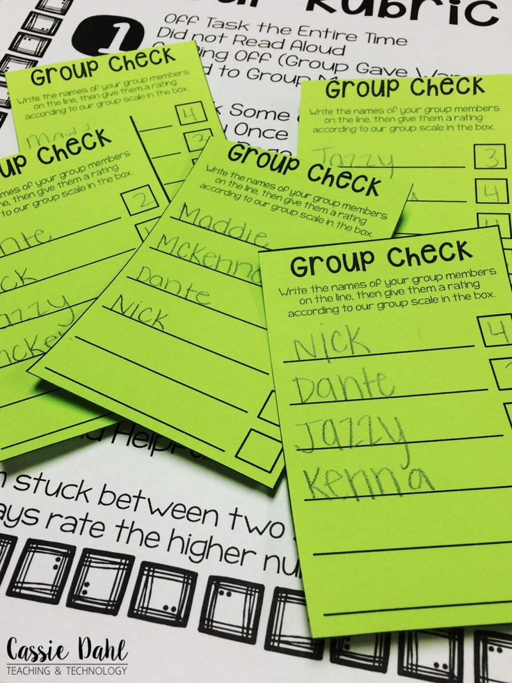 four green groups check cards with the words group check written in black ink on them