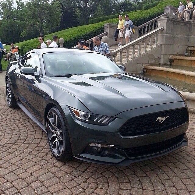 a black mustang parked in front of some steps