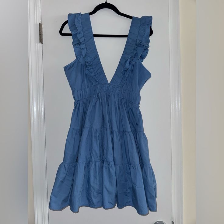 Abercrombie Ruffle Poplin Mini Dress Size Medium Nwt Blue Cotton Mini Dress With Ruffles, Spring Blue Cotton Ruffle Dress, Blue Cotton Ruffle Dress For Spring, Blue Cotton Ruffle Dress For Summer, Blue Tiered Mini Dress For Daywear, Blue Ruffle Dress With Ruffled Straps For Spring, Abercrombie Fitch, Color Blue, Size Medium