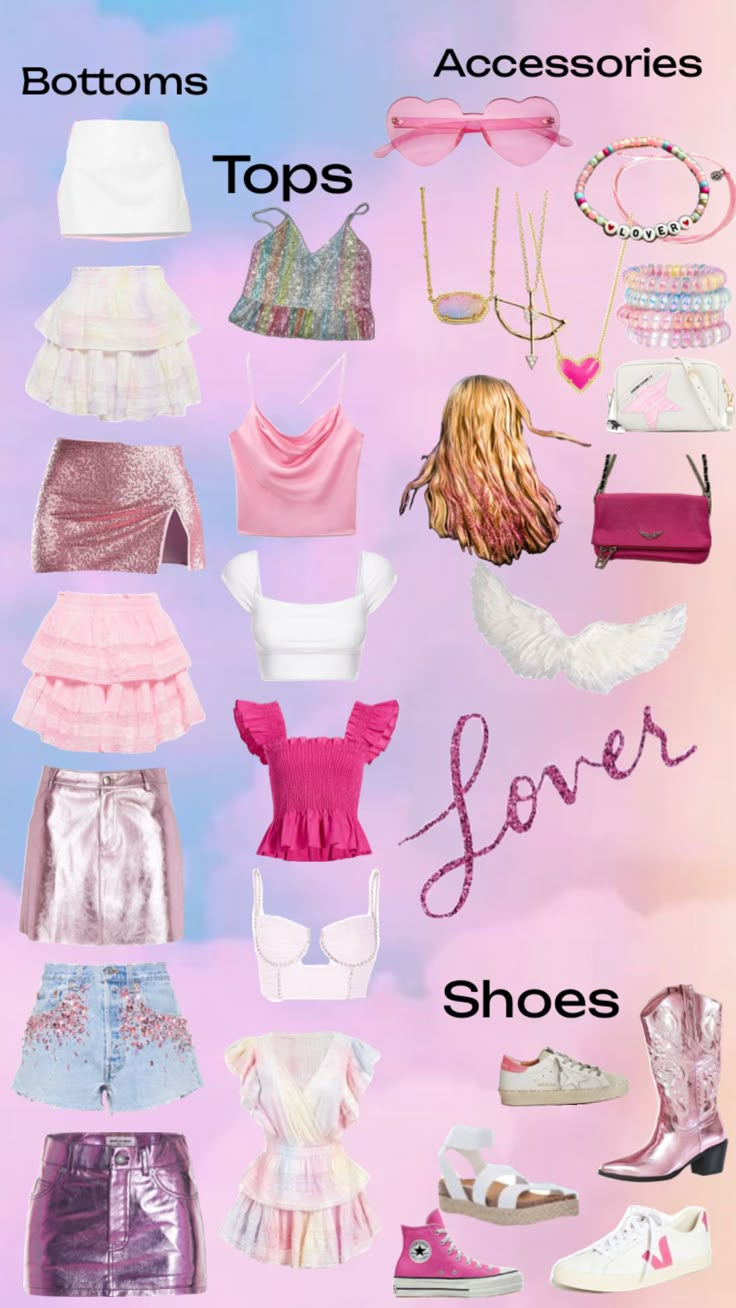 a poster with different types of clothes and shoes on it's sides, including tops, shorts, skirts, bras