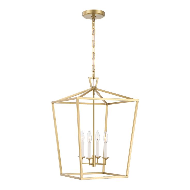 a gold lantern with three candles hanging from the ceiling