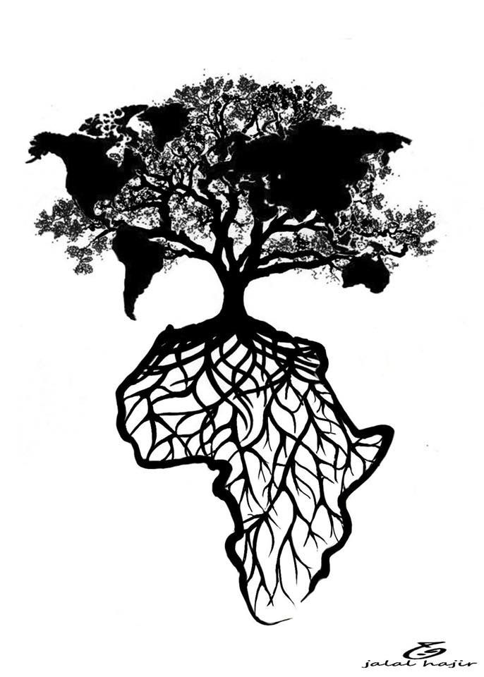 a black and white drawing of a tree with roots on it's face, in the shape of a human head