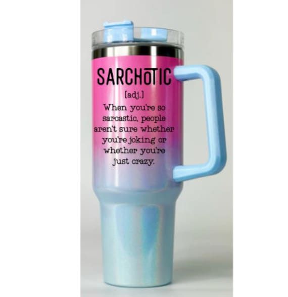 a pink and blue travel mug with the words sarchotic on it's side