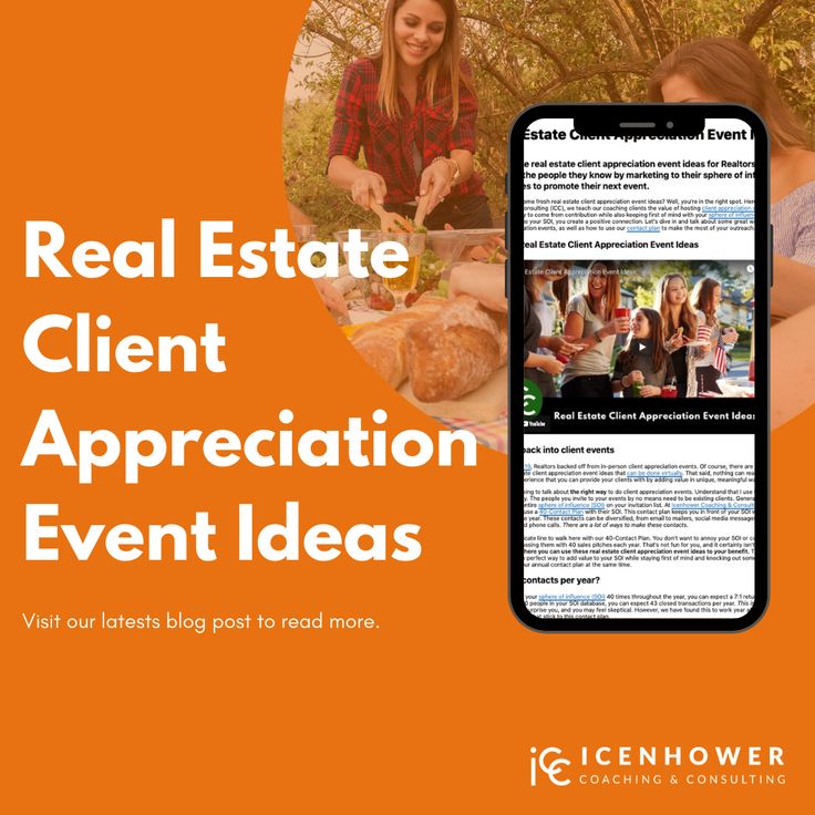 the real estate client appreciation event idea is displayed in front of an orange background with white text