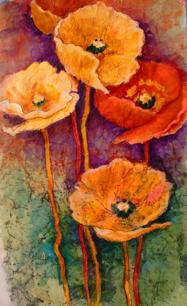 three orange and yellow flowers on a purple background with watercolors in the foreground