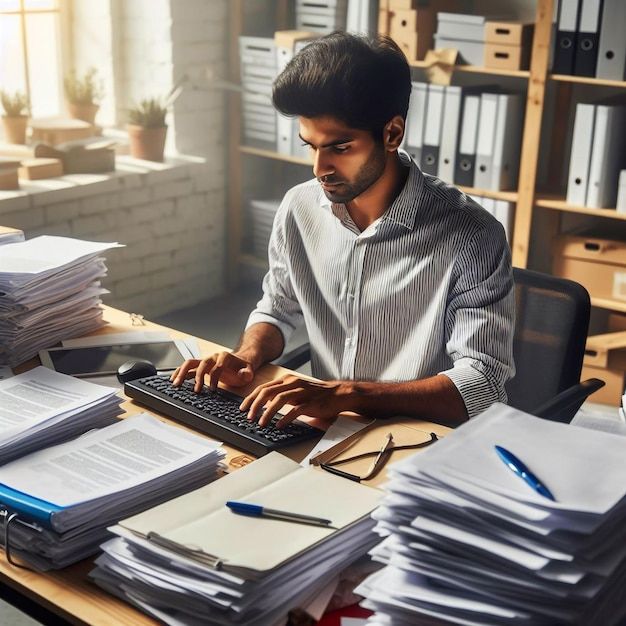 a man sitting at a desk with stacks of papers on top of it and working on a computer