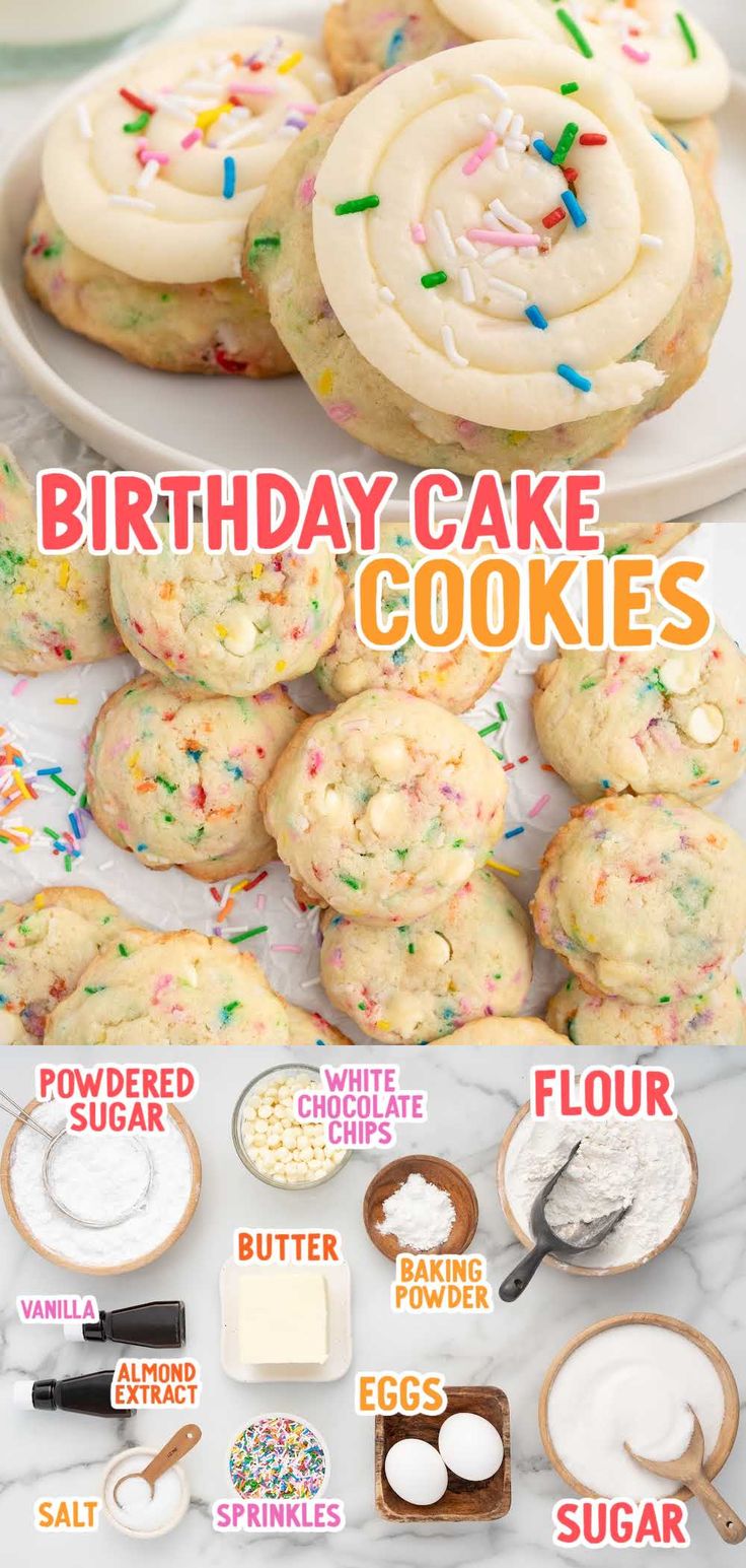 birthday cake cookies are arranged on a table with other desserts and ingredients to make them