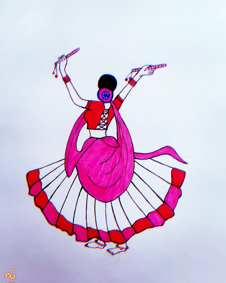 a drawing of a woman in a pink dress flying through the air with her arms outstretched