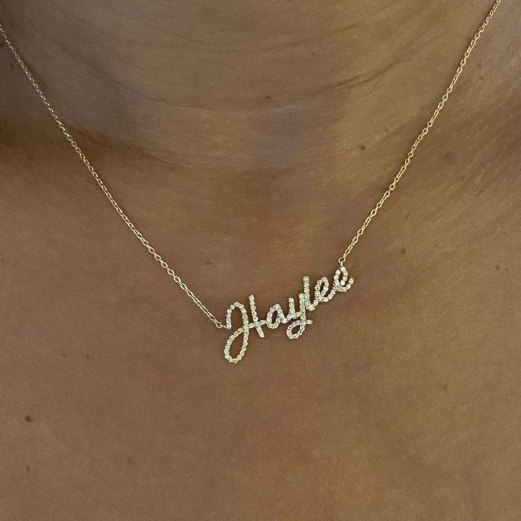 "This 14k personalized diamond name necklace is the perfect gift for the bridal party, someone special, or yourself. If you like dainty jewelry this diamond name plate necklace is perfect for you. If you like bigger pieces please ask us for bigger nameplate options or check our other name plate listing. * 1st letter is capital, rest are lowercase. M A T E R I A L & L E N G T H Available in 14k Yellow Gold, 14k Rose Gold, 14k White Gold, Sterling Silver Thickness: 1.3mm / 0.05\" ( From the bo Dainty Nameplate Necklace For Anniversary, Dainty Custom Nameplate Necklace For Anniversary, 14k Gold Name Necklaces For Weddings, Gift Nameplate Necklace With Diamond Accents, Custom Name Necklace For Anniversary, Dainty Style, Dainty Custom Name Necklace For Anniversary, Elegant Personalized 14k Gold Diamond Necklace, Engraved Nameplate Necklace For Wedding, Diamond Nameplate Necklace With Diamond Accents