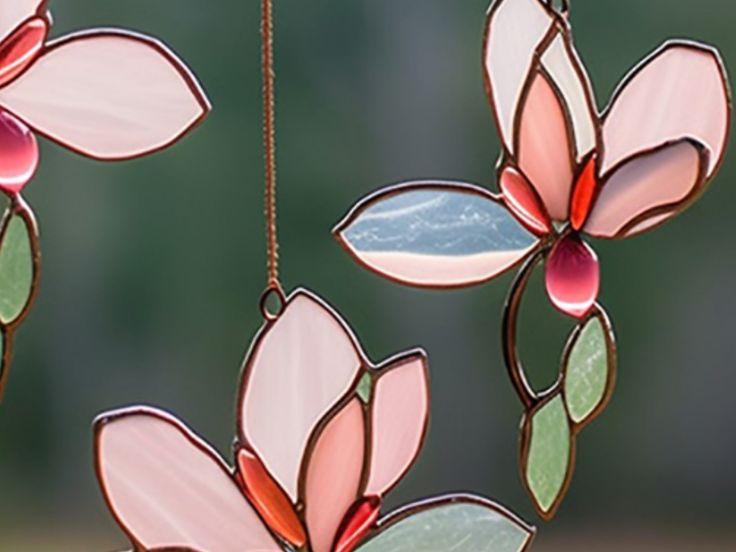 three stained glass flowers hanging from a chain