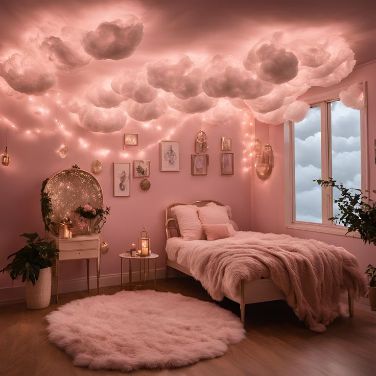 a bedroom decorated in pink and white with clouds hanging from the ceiling, lights on either side of the bed