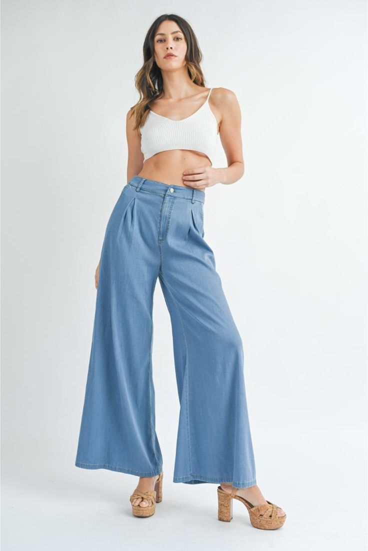 Fall for the silhouette of these high-waist jeans crafted in a light wash and punctuated with retro-inspired wide hems. • Button/Belt Loops• Wide Leg• Pleated Detail Jean Crafts, Mens Bow Ties, Denim Trousers, Handbag Shoes, New Tops, Wide Leg Denim, Birthday Dresses, Summer Season, Retro Inspired