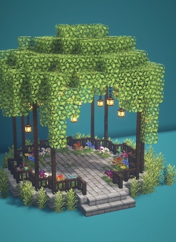 an animated image of a small garden with trees and benches in the center, surrounded by plants