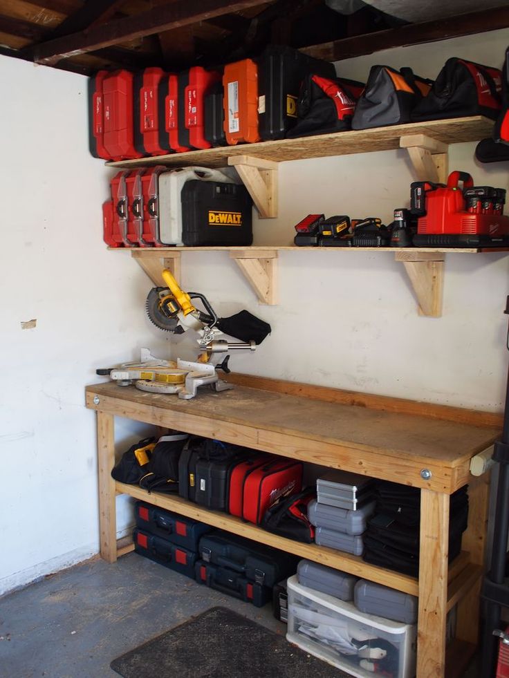 a workbench with lots of tools on it and some shelves filled with items