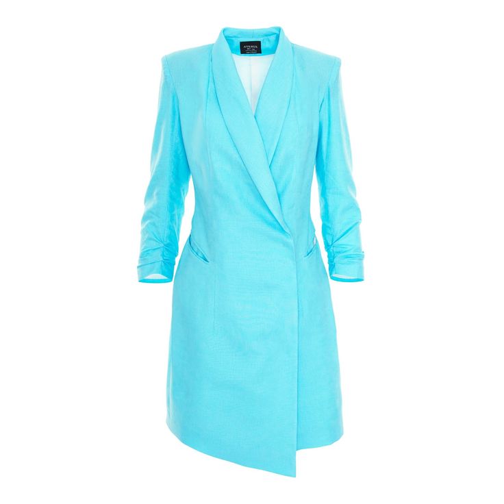 This structured blazer dress with a flattering A-line silhouette and gathered sleeves is the perfect choice for a sharp business or cocktail summer look. With its minimalist lines and thoughtfully placed details, like the diagonal welt pockets, padded shoulders and invisible buttoning, this design is elegant and timeless. The outer fabric is made of 100% linen, has a nice soft texture while the lining is crafted in viscose making the wearing very pleasant. It can easily be a go to option for an Cocktail Summer, Structured Blazer, Summer Garden Party, Blazer Jackets For Women, Aqua Dress, Gathered Sleeves, Tailored Blazer, August Birth Stone, Summer Look