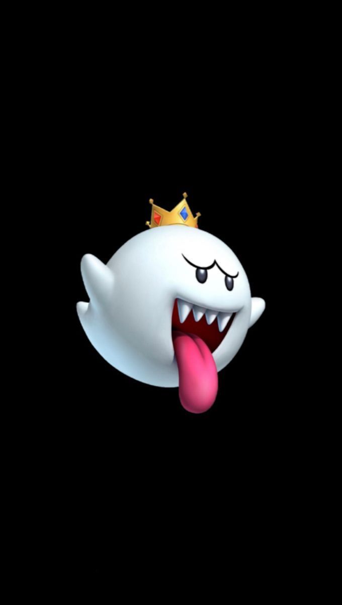 a white ghost with its tongue out and wearing a crown