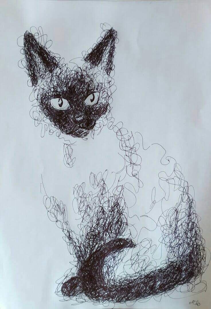 a drawing of a cat sitting on top of a white piece of paper with black ink