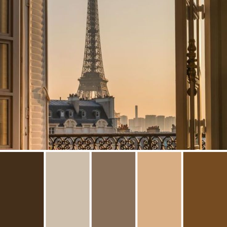 the eiffel tower in paris is seen through an open window with color swatches