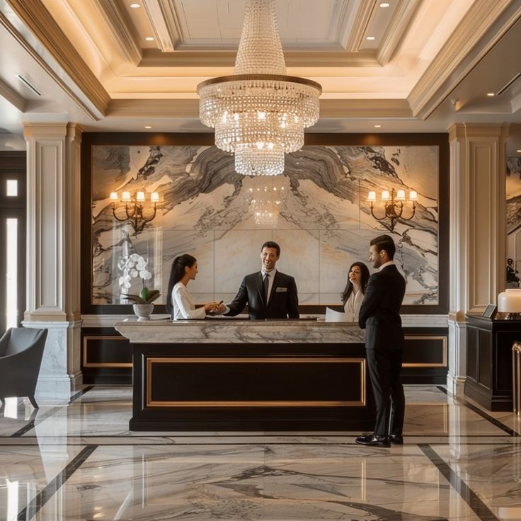 a man and woman standing in front of a hotel reception desk with chandelier