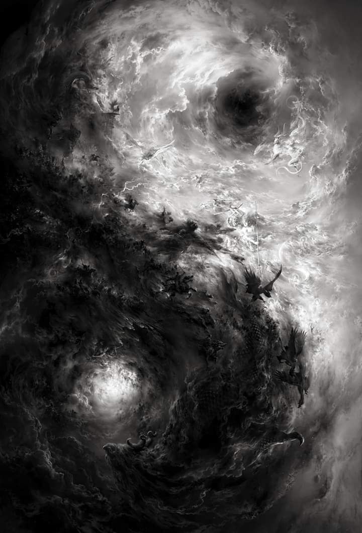 black and white photograph of swirling clouds in space