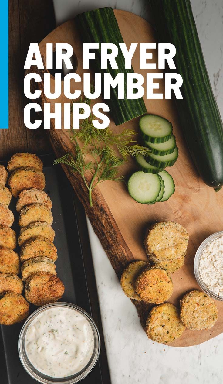 air fryer cucumber chips on a cutting board next to other food items