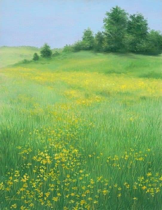 a painting of green grass and yellow flowers in a field with trees on the horizon