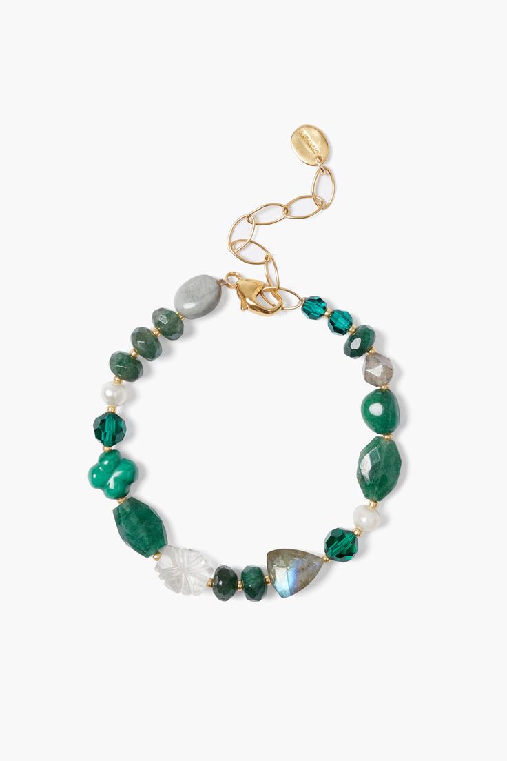 A bold gemstone mix including green aventurine, labradorite, clear quartz, freshwater pearl and crystal has an illuminating effect in this gold bracelet. 18k gold plated sterling silver, green aventurine, malachite, labradorite, clear quartz, cat's eye, white freshwater pearl, crystal. 6 1/4" - 7 3/4" adjustable. Handmade in Vietnam. True Summer, Pearl Crystal, Making Things, White Freshwater Pearl, Gemstone Bracelets, Green Aventurine, Leather Jewelry, High Quality Jewelry, Gold Plated Sterling Silver