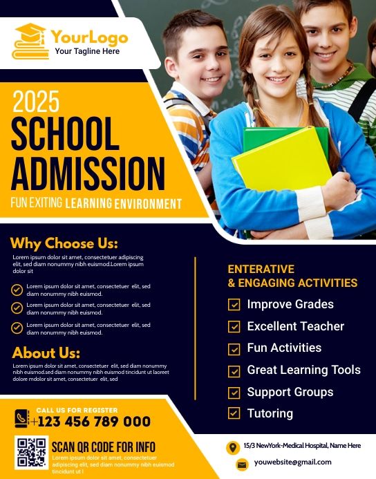 a school flyer with two children holding folders and an adult teacher in the background