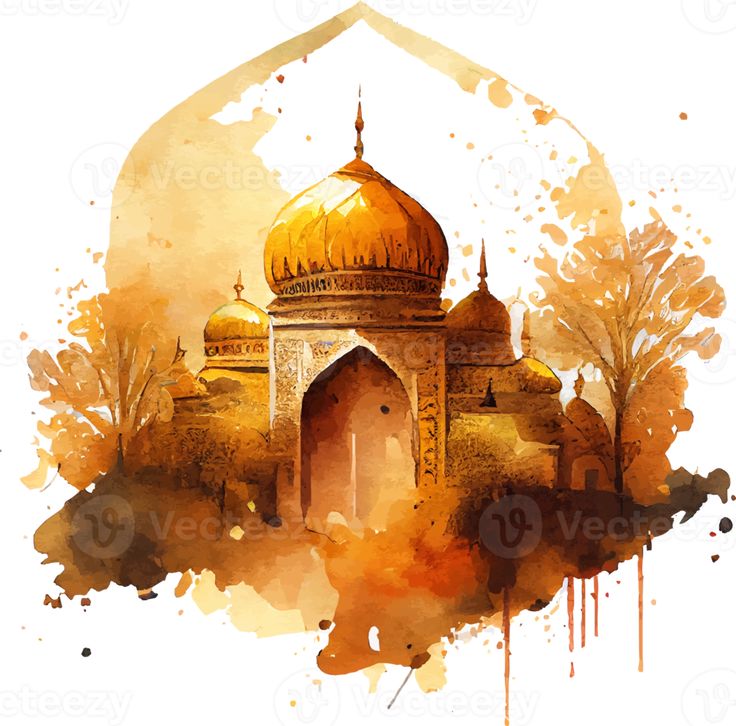 an artistic watercolor painting of a golden dome with trees in the foreground and yellow paint splatters around it