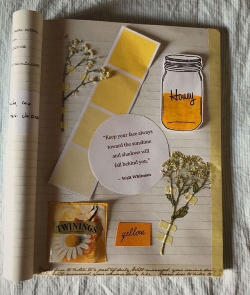 an open notebook with flowers and writing on it, next to a jar of honey