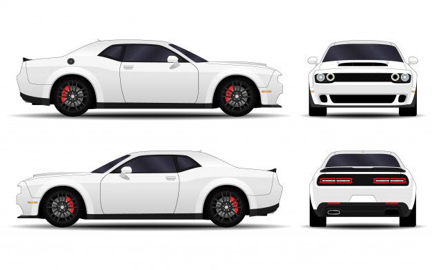 three different views of a white car with red wheels and rims on the front, side, and back view