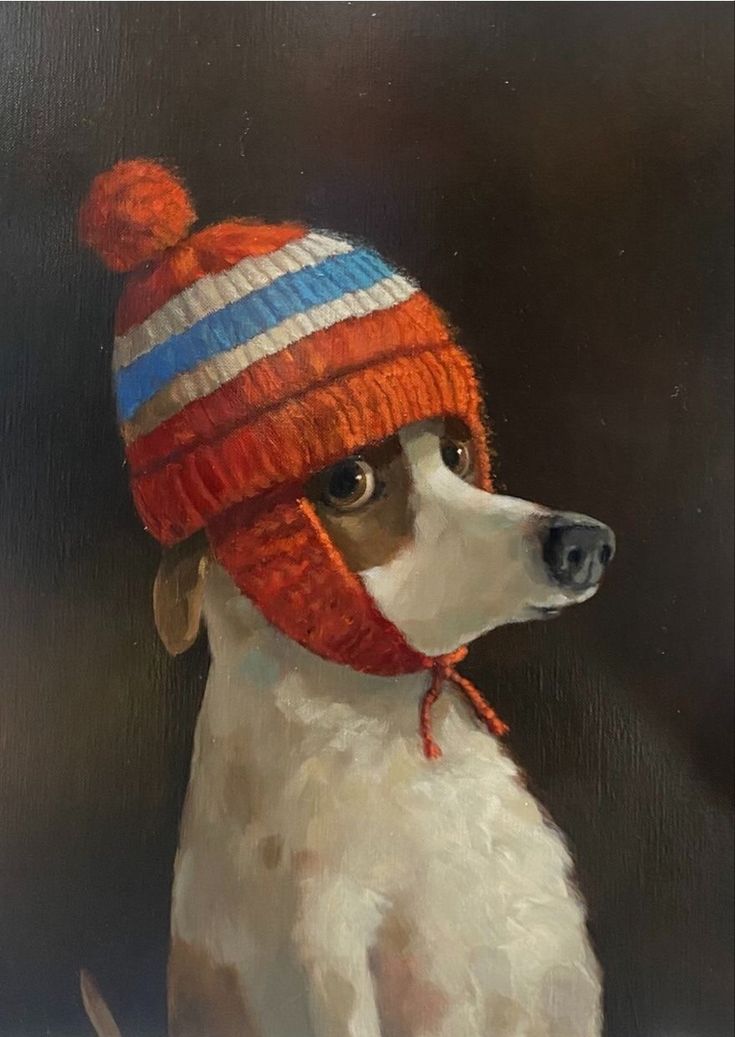 a painting of a dog wearing a knitted hat