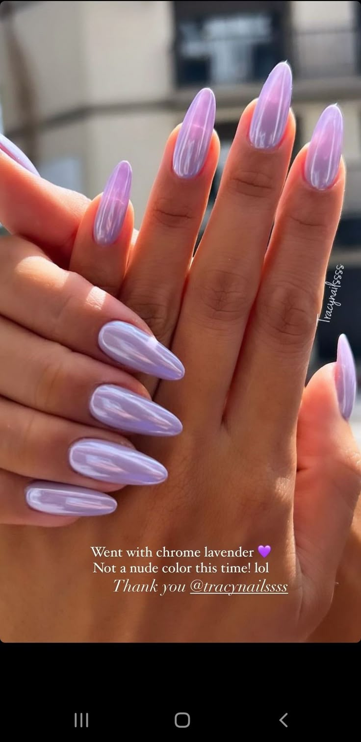 Pastel Nail Aesthetic, Purple Blue Nail Color, Diy Jade Nails, Summer Nail 2024 Trends Purple, Lavender Nails Almond Shape, September Birthday Nails Almond, Purple Crome Nails Design French Tip, Summer Nail Colors Almond Shape, Simple Cute Nails Almond