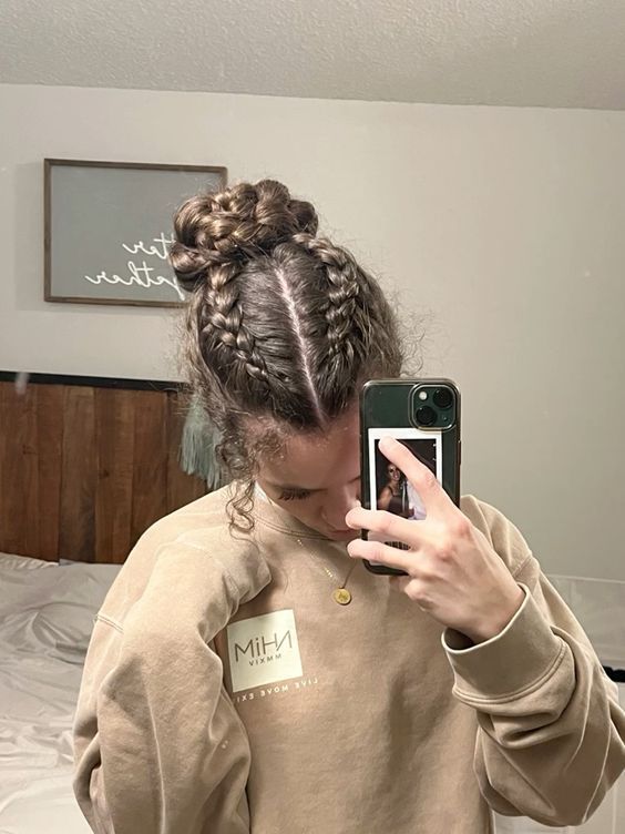 Braided And Bun Hairstyles, Cute Duch Braids, Aesthetic Dutch Braids, High Braided Bun Hairstyles, Bubble Braids And Braids, Cute Gym Updos Workout Hair, Two Braids Into Curly Ponytail, Two Braids To Bun, Basketball Bun Hairstyle